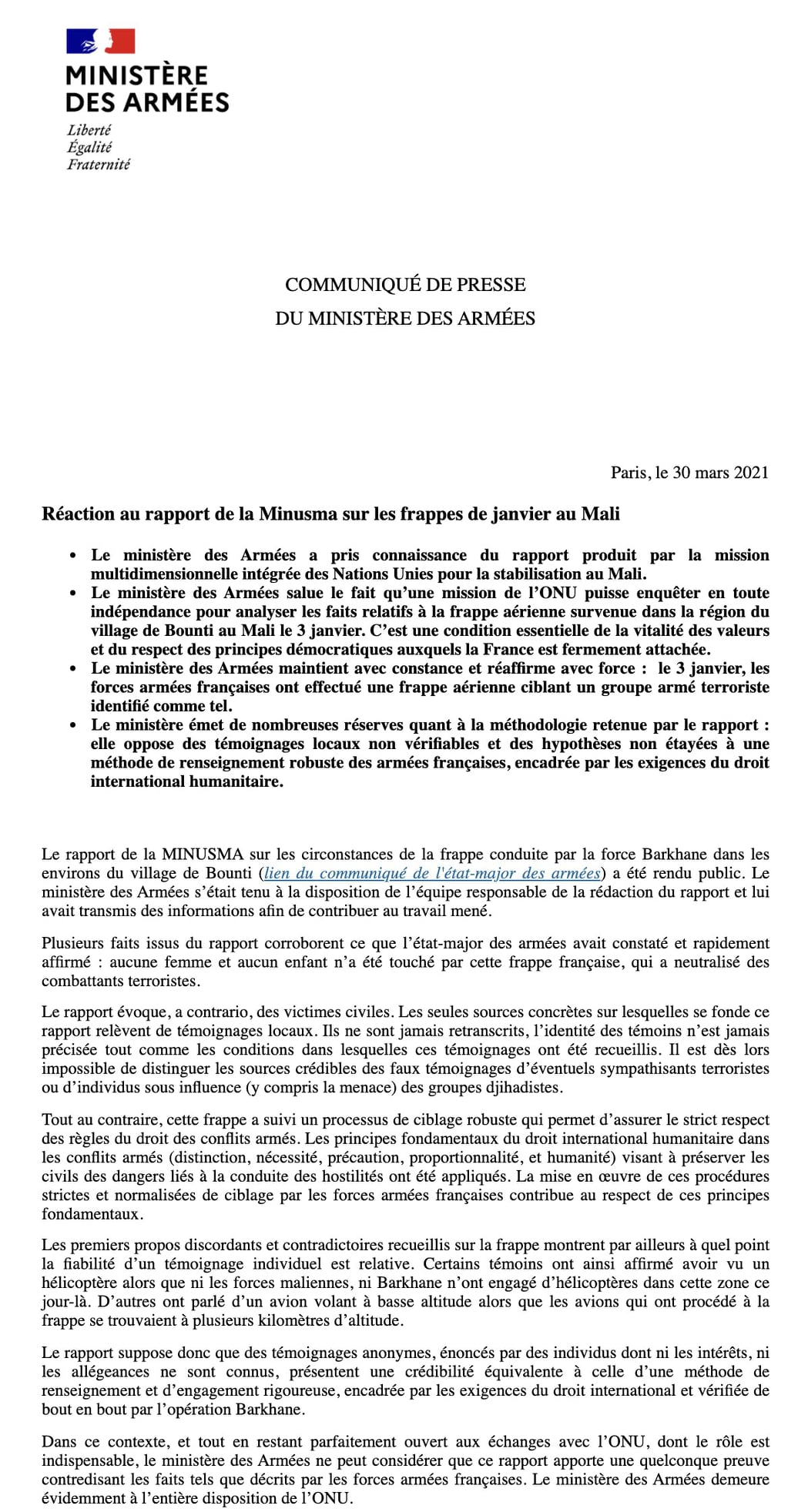 Communiqué du Ministère 🇫🇷 des Armées – Réaction au rapport de la MINUSMA sur les frappes de janvier au Mali (#Bounti)