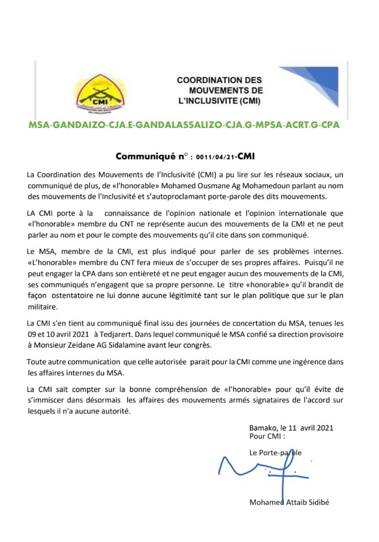 Mali: COMMUNIQUÉ DU MOUVEMENT DE L’INCLUSIVITÉ