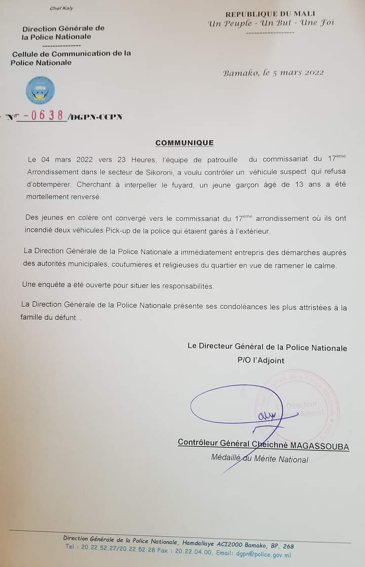 Communiqué de la direction générale de la police, relatif à l’incident de #SIKORONI