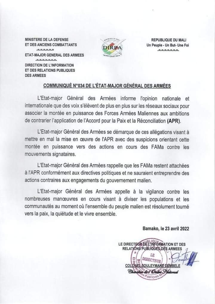 Les forces armées malienne reste attachées à l’