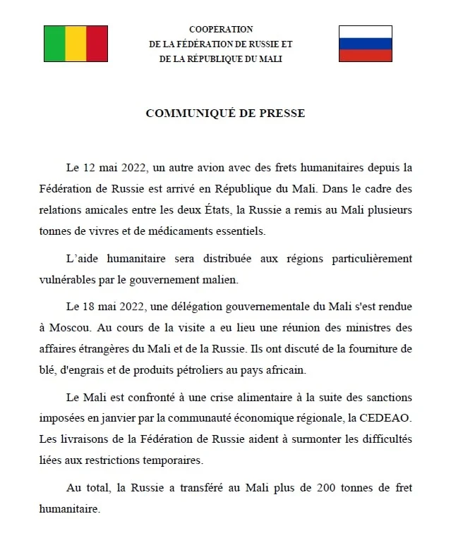 La Russie continue d’apporter les frets humanitaires au Mali