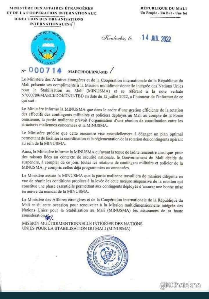 Le Mali suspend toutes les rotations de la MINUSMA à compter de ce jeudi 14 juillet 2022